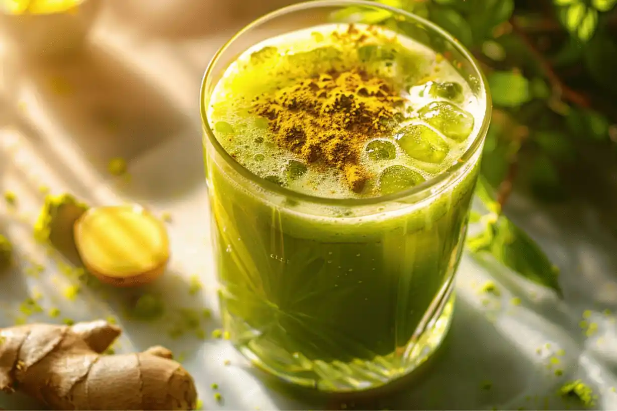 Fresh Japanese Mounjaro recipe drink with matcha, umeboshi, and ginger on wooden table