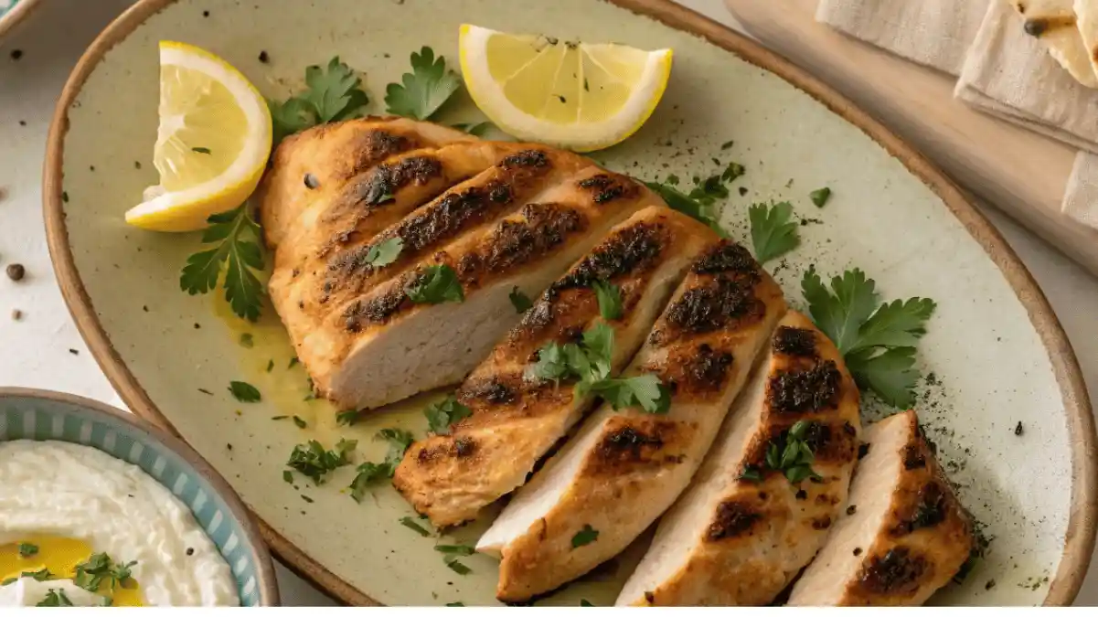 Mediterranean chicken marinade recipe served with fresh herbs, lemon, and hummus.