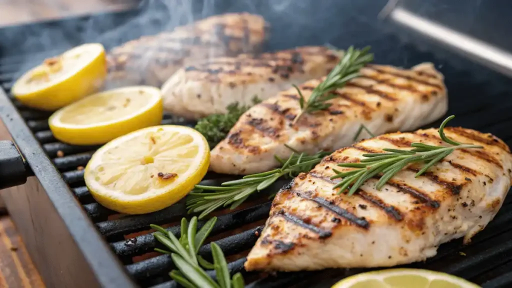 Mediterranean marinated chicken cooking on a grill.