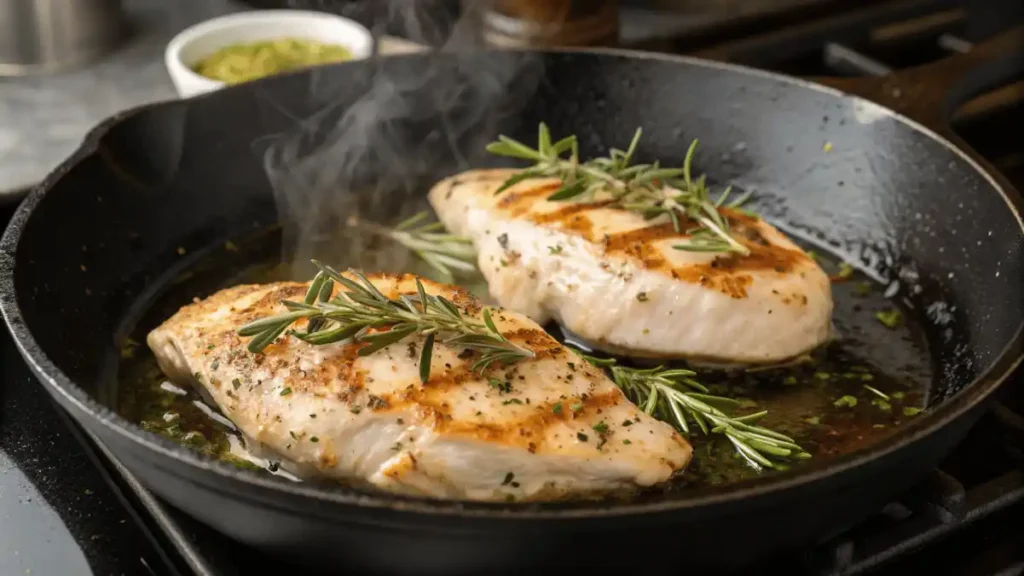 Mediterranean marinated chicken cooking in a cast-iron skillet.