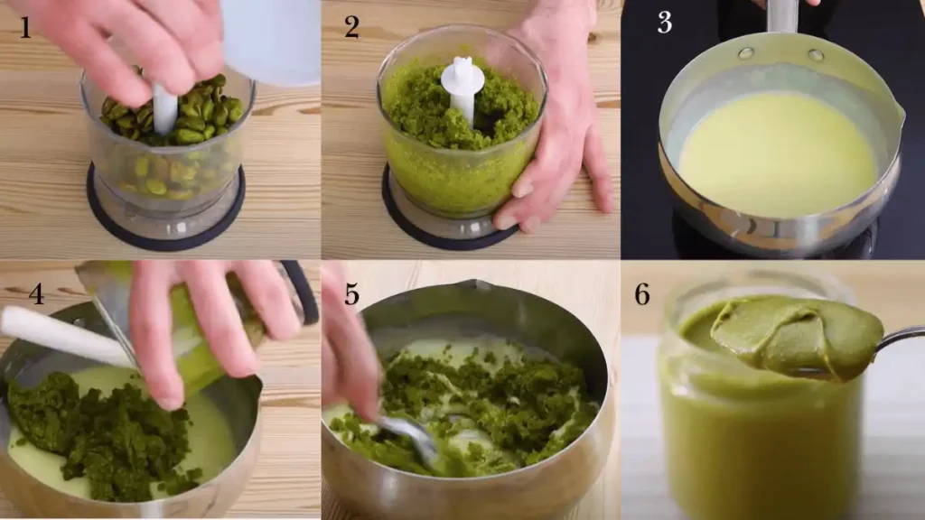 Step-by-step pistachio cream recipe showing blending pistachios, mixing with chocolate and milk, and finished creamy spread
