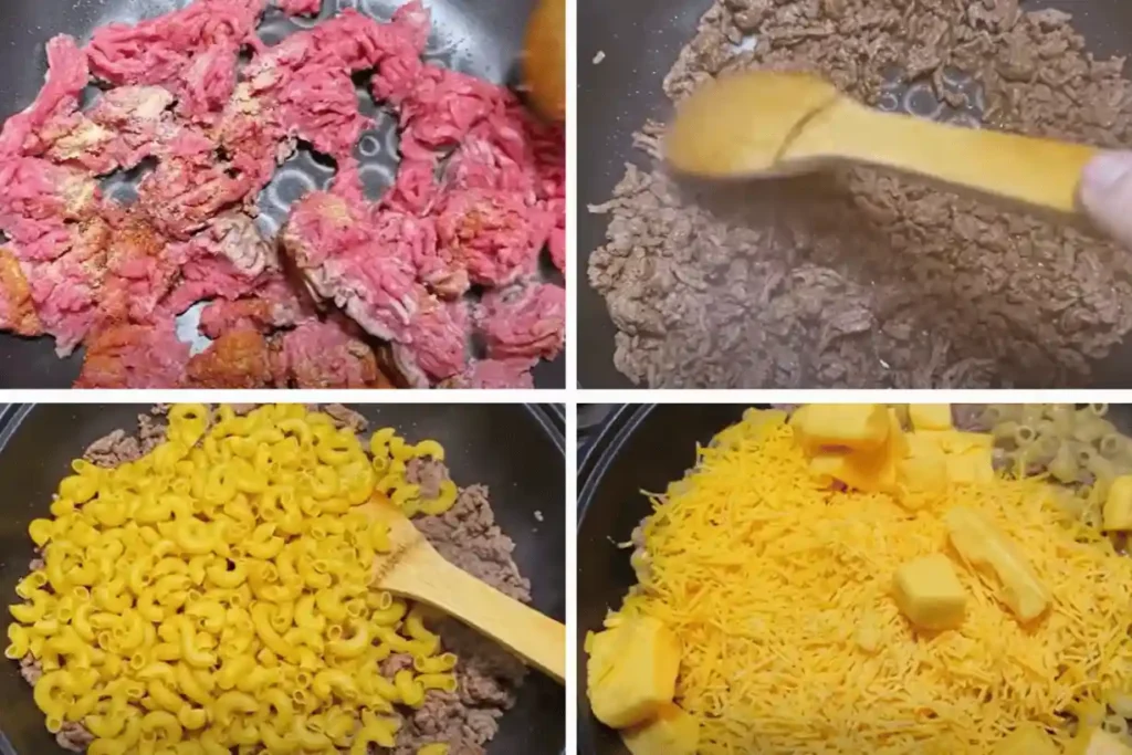Step-by-step cooking of Homemade Hamburger Helper from browning beef to adding cheese.