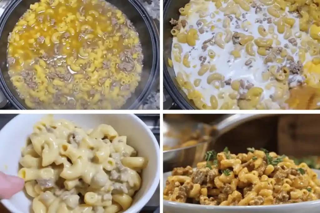 Process shot of Homemade Hamburger Helper: browning meat, simmering pasta, and adding cheese.