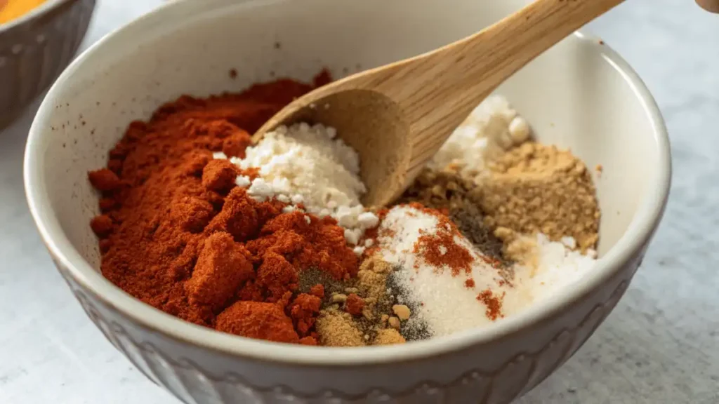 Mixing paprika, garlic powder, and onion powder for hello fresh fry seasoning recipe