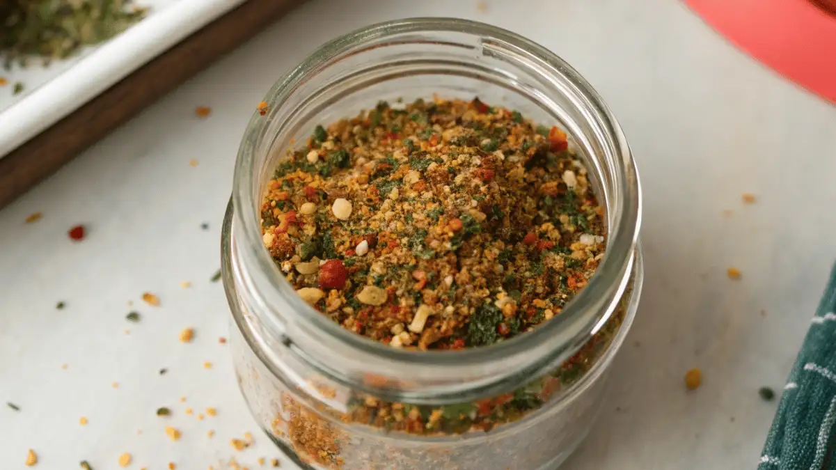 Homemade hello fresh fry seasoning recipe in a jar with fries