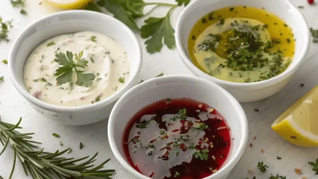 Three Mediterranean chicken marinade variations in bowls.