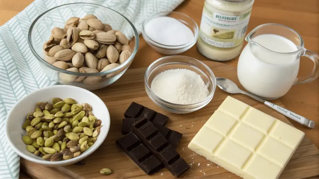 Key ingredients for homemade pistachio cream recipe including pistachios, white chocolate, milk, sugar, and butter
