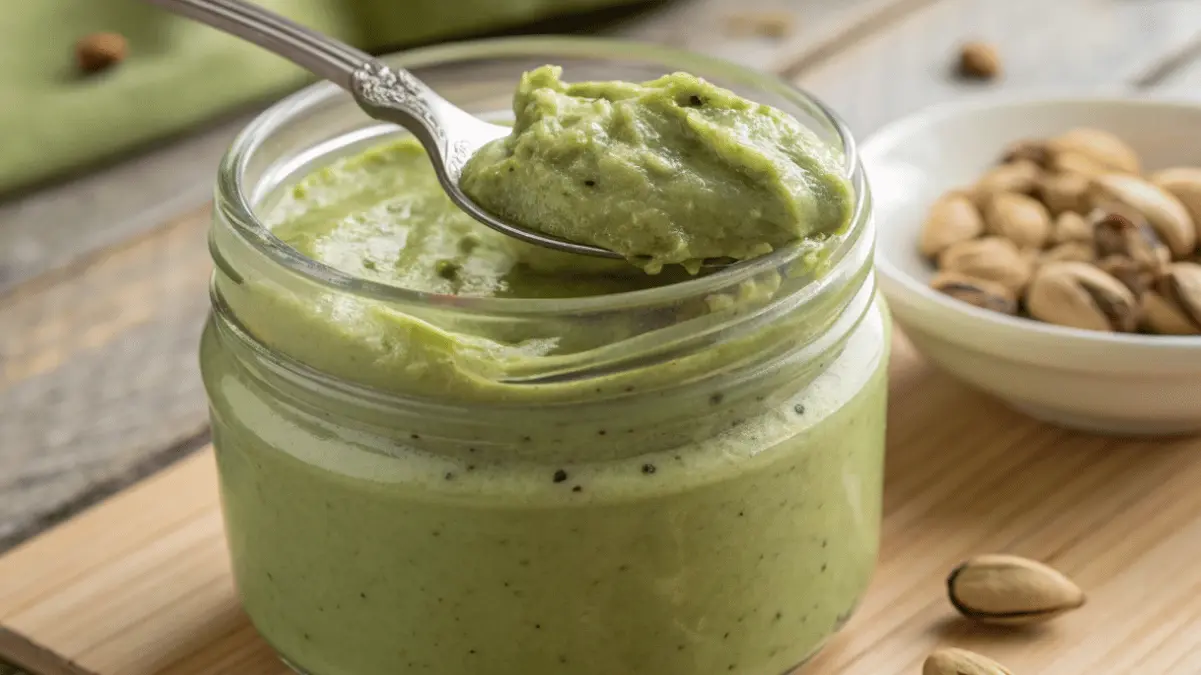 Homemade pistachio cream recipe in a jar with fresh pistachios