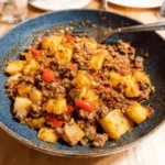Ground Beef and Potatoes plate topped with parsley on a table.