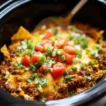 Crockpot Taco Casserole topped with melted cheese and fresh avocado in a slow cooker