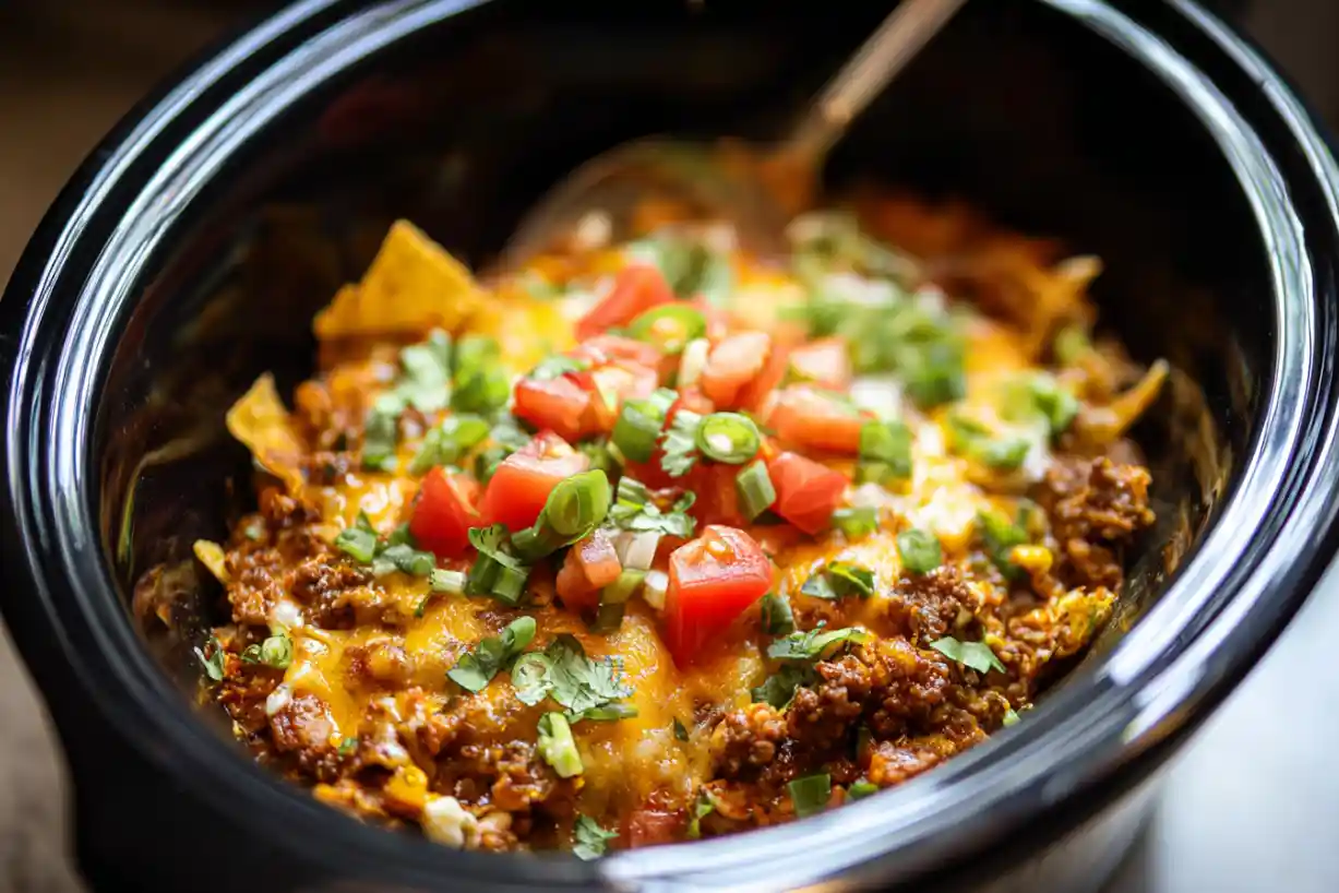Crockpot Taco Casserole topped with melted cheese and fresh avocado in a slow cooker