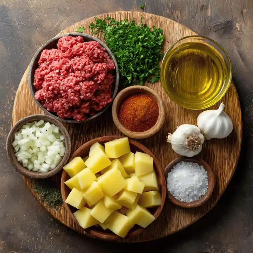 Fresh ingredients for Ground Beef and Potatoes laid out on a wooden board.