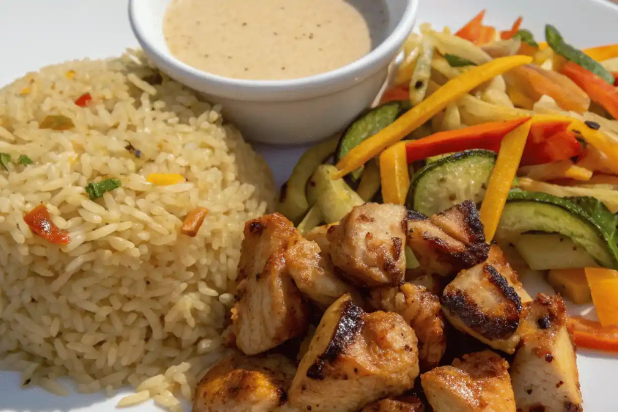 Hibachi chicken recipe plated with buttery rice, stir-fried vegetables, and creamy yum yum sauce