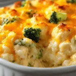 Creamy Chicken Broccoli Rice Casserole with melted cheddar in white baking dish