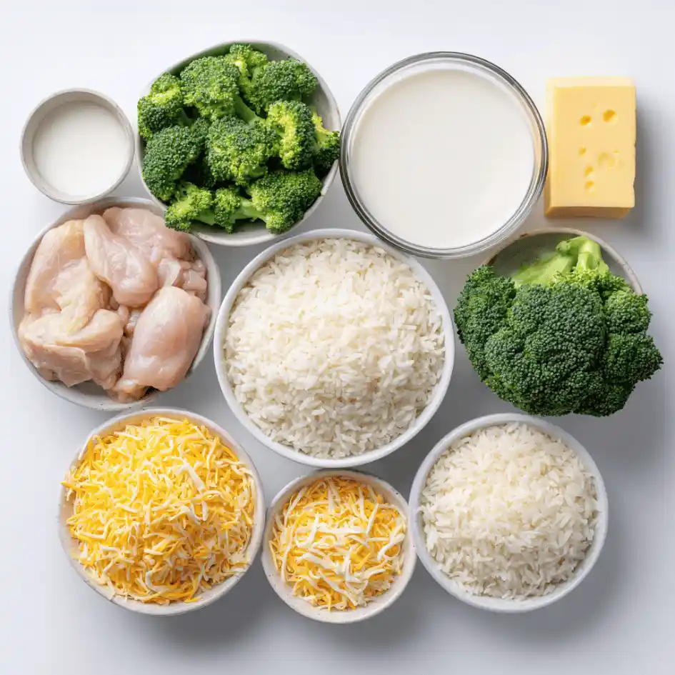 Chicken Broccoli Rice Casserole ingredients top-down view