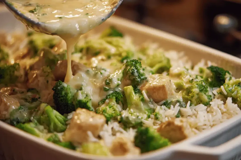 Chicken Broccoli Rice Casserole mixture in baking dish
