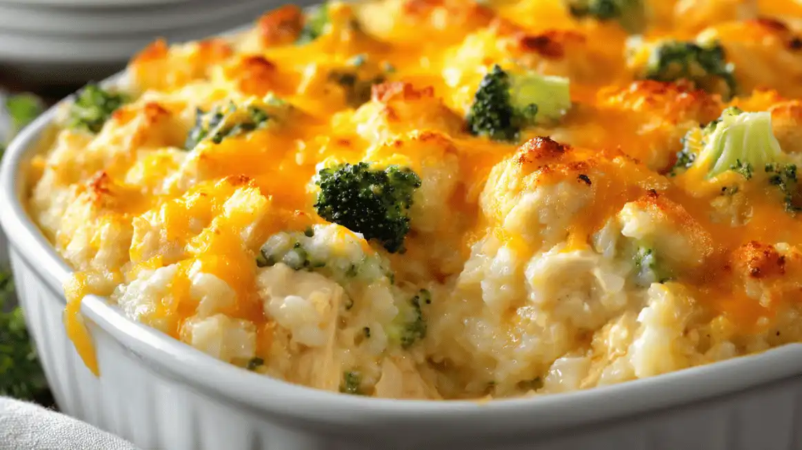 Creamy Chicken Broccoli Rice Casserole with melted cheddar in white baking dish