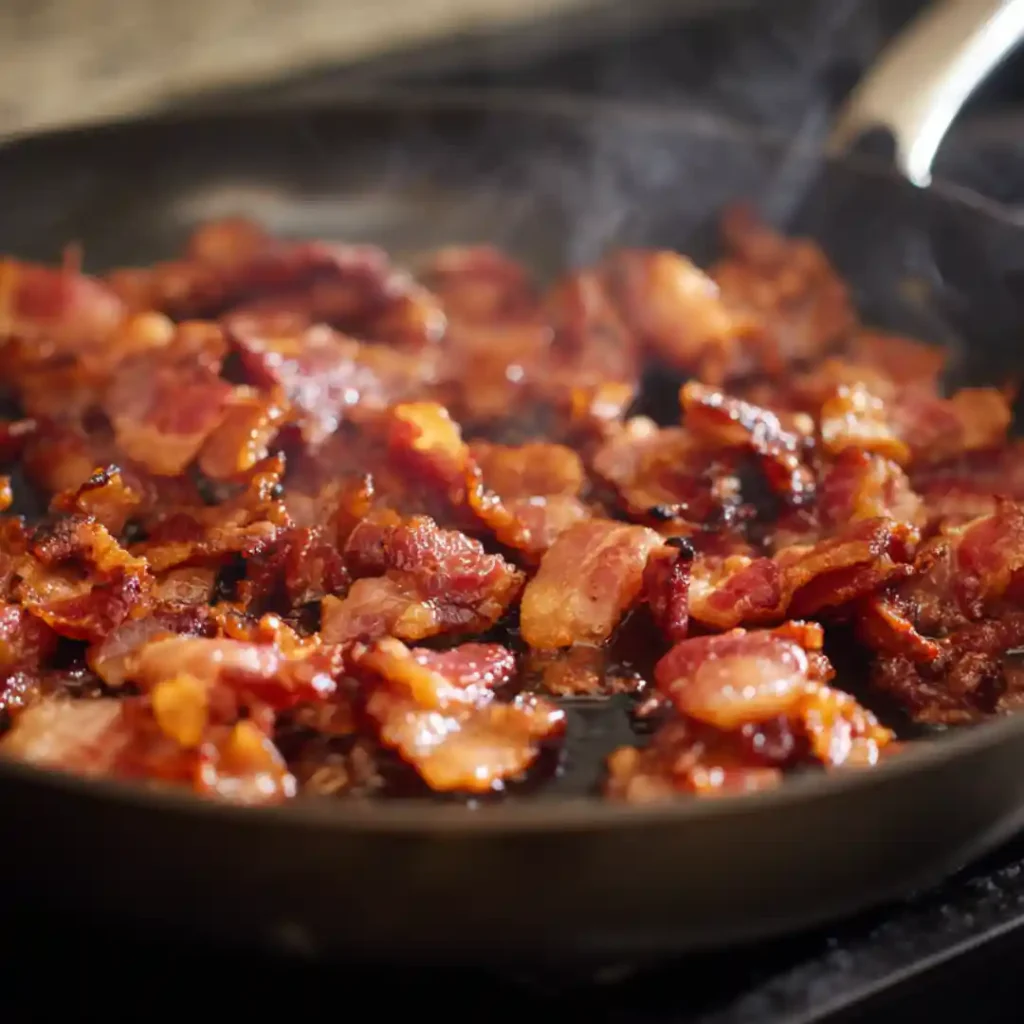 Crispy thick-cut bacon cooking in a skillet for the casserole.
