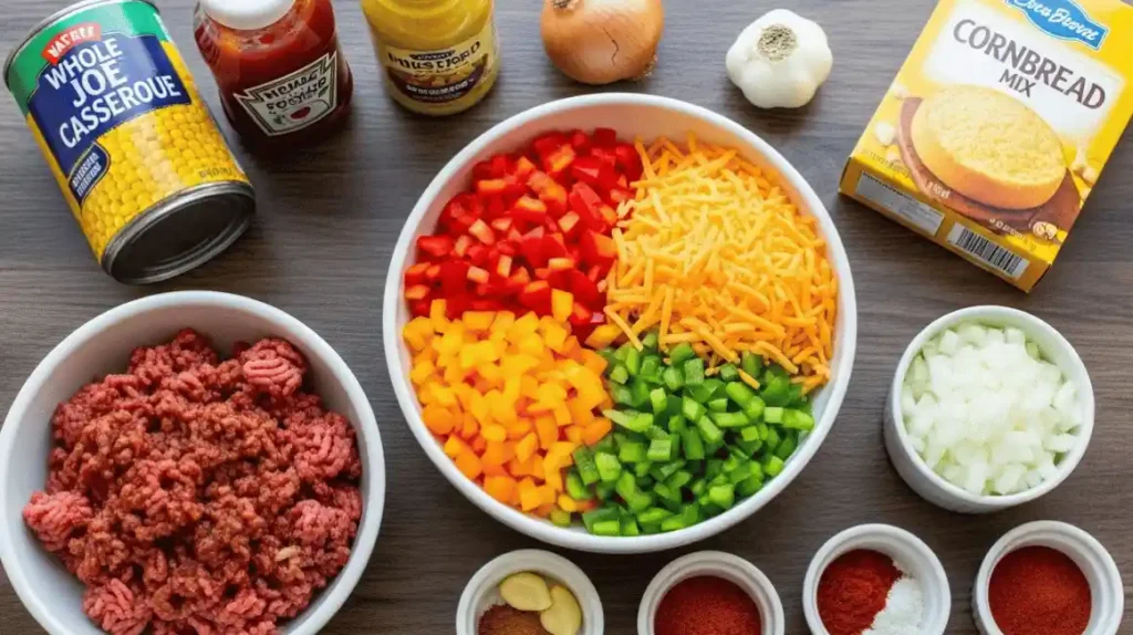 Ingredients for Sloppy Joe Casserole including beef, cheese, corn, bell pepper, and cornbread mix