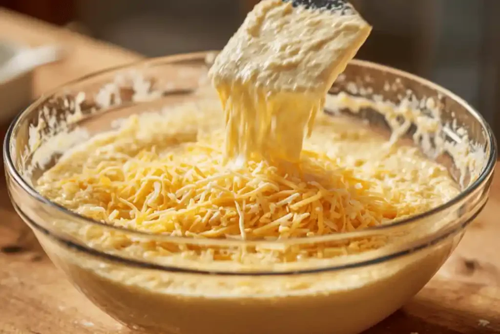 Mixing cornbread base with cheese, corn, milk, and egg for Sloppy Joe Casserole