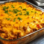 Baked Sloppy Joe Casserole with melted cheddar and cornbread base in a glass dish