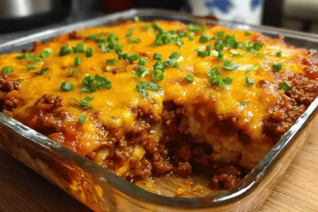 Baked Sloppy Joe Casserole with melted cheddar cheese ready to serve