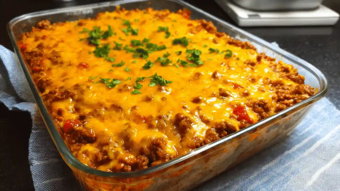 Baked Sloppy Joe Casserole with melted cheddar and cornbread base in a glass dish