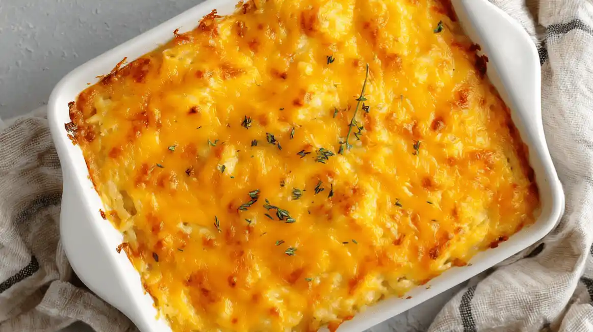 Top-down view of Overnight Christmas Hashbrown Casserole golden and cheesy in a white baking dish