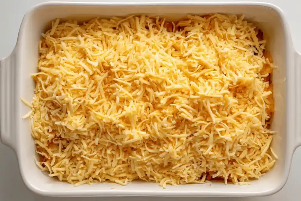 Shredded cheddar cheese sprinkled over casserole layers