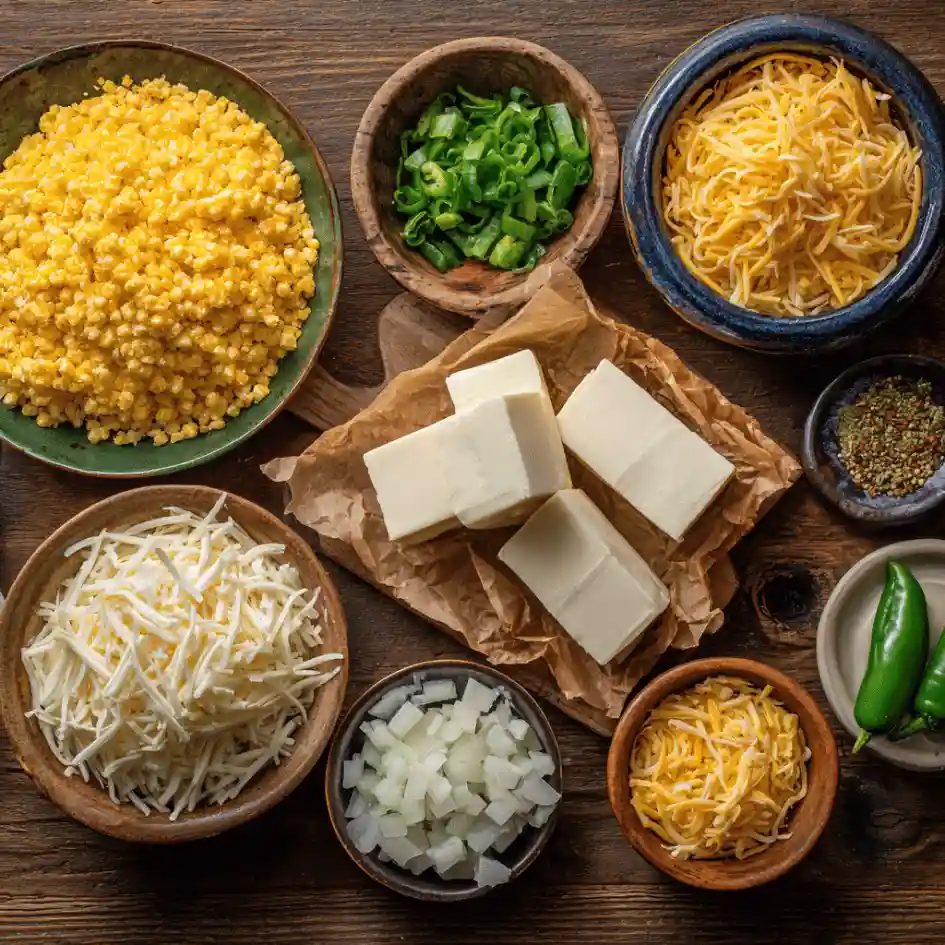 Ingredients for cream cheese corn casserole arranged on wooden table before cooking