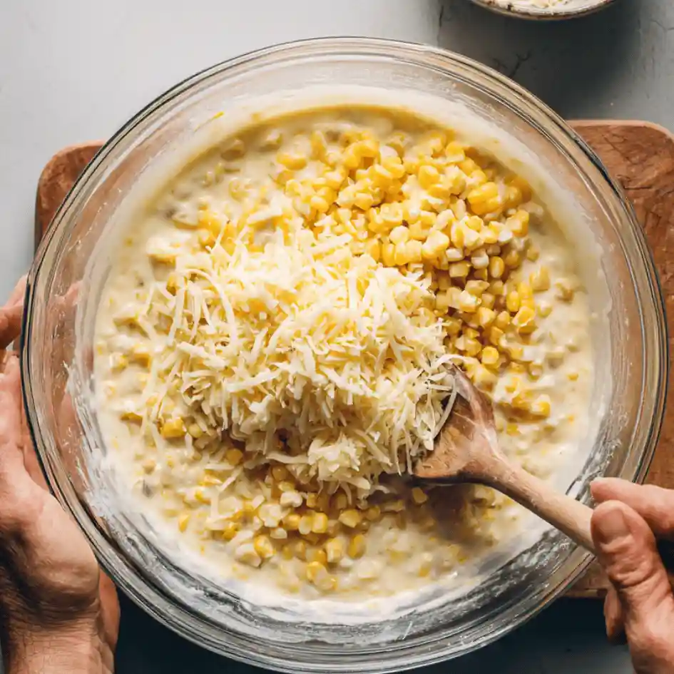 Corn and shredded cheese folded into creamy mixture for corn casserole