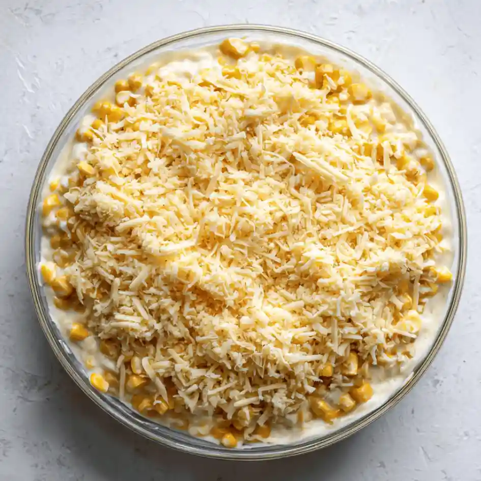 Shredded cheese sprinkled over corn casserole before baking