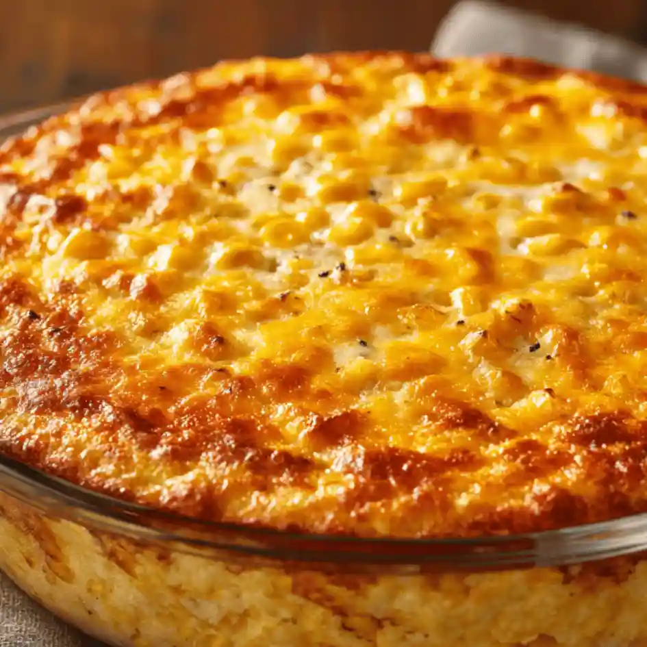 Baked cream cheese corn casserole with golden melted cheese crust in ceramic dish
