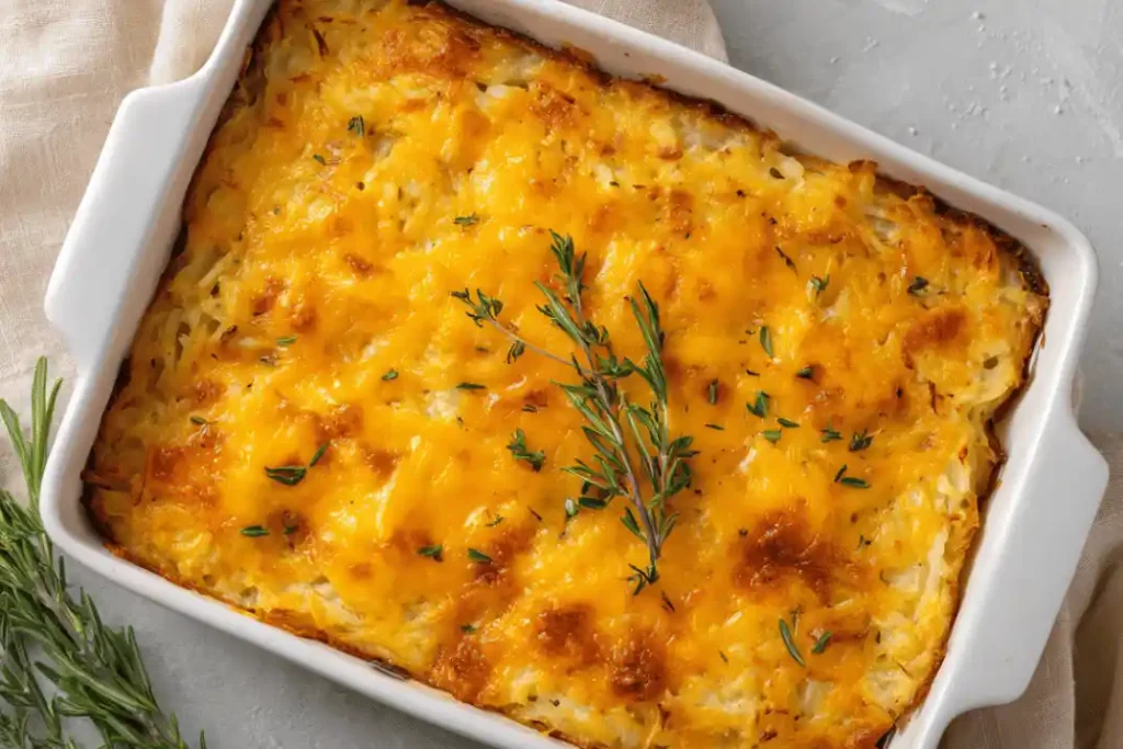 Freshly baked Overnight Christmas Hashbrown Casserole golden and bubbly