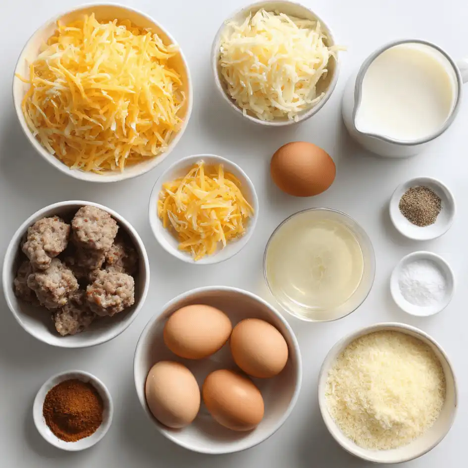 Top-down view of ingredients for Overnight Christmas Hashbrown Casserole on a clean white surface