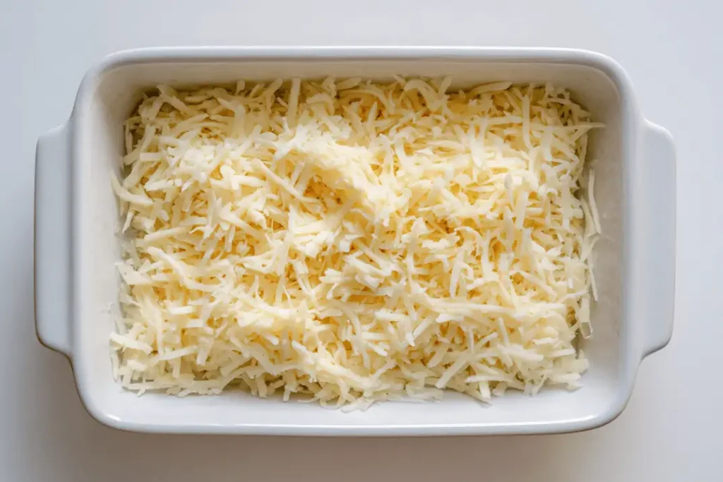 Top-down view of hash browns spread in a baking dish for Overnight Christmas Hashbrown Casserole