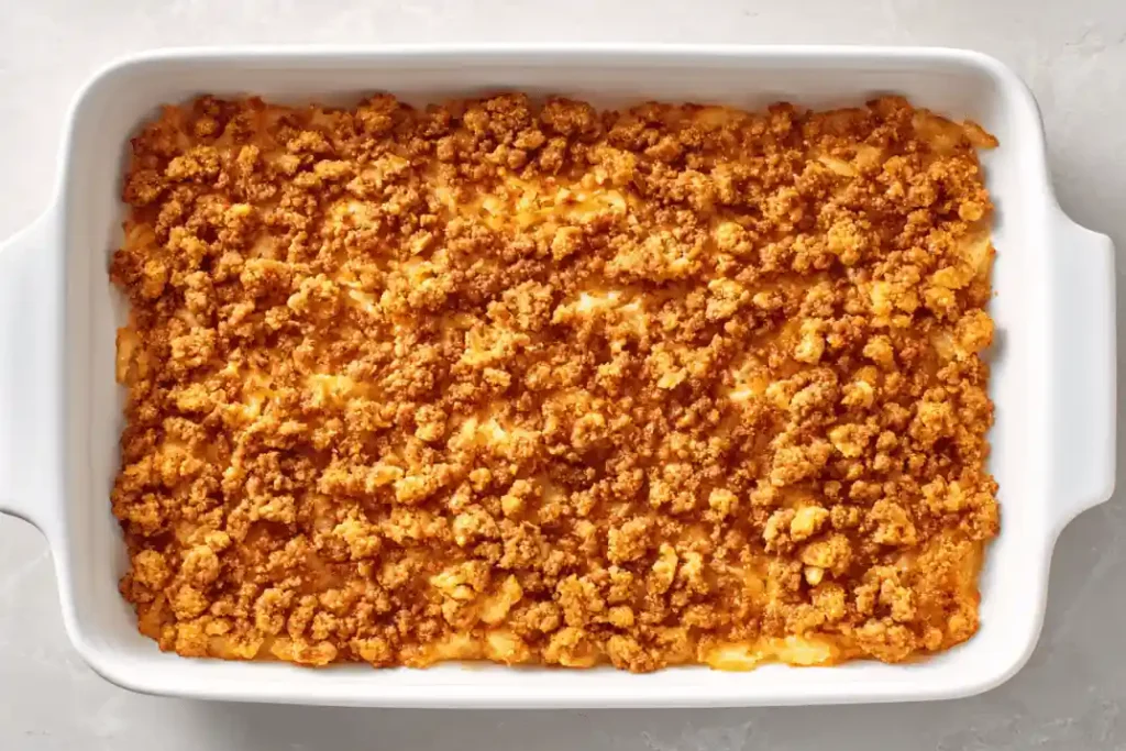 Cooked sausage layered over hash browns in Overnight Christmas Hashbrown Casserole